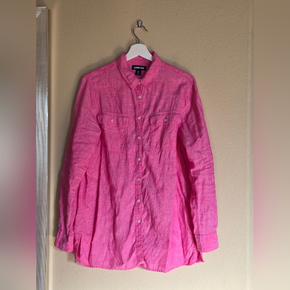 Lands End Pink 100% Linen Button Down Shirt Coastal Beachy